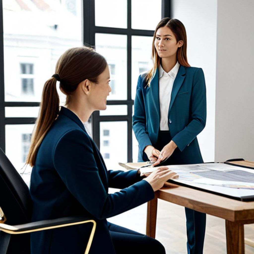 A professional female interior designer, fully clothed in a stylish business blazer and modest trousers, actively consulting with a female client, also dressed in appropriate professional attire. They are sitting comfortably at a large, modern wooden table in a well-lit, contemporary design studio. They are focused on a digital tablet displaying design sketches and a physical mood board with fabric samples and color swatches. The scene emphasizes collaborative discussion and professional interaction, capturing a moment of deep understanding between designer and client. perfect anatomy, correct proportions, natural pose, well-formed hands, proper finger count, natural body proportions, high-resolution, professional photography, natural lighting, intricate details, realistic render, 8k, safe for work, appropriate content, fully clothed, professional.
