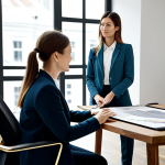 A professional female interior designer, fully clothed in a stylish business blazer and modest trousers, actively consulting with a female client, also dressed in appropriate professional attire. They are sitting comfortably at a large, modern wooden table in a well-lit, contemporary design studio. They are focused on a digital tablet displaying design sketches and a physical mood board with fabric samples and color swatches. The scene emphasizes collaborative discussion and professional interaction, capturing a moment of deep understanding between designer and client. perfect anatomy, correct proportions, natural pose, well-formed hands, proper finger count, natural body proportions, high-resolution, professional photography, natural lighting, intricate details, realistic render, 8k, safe for work, appropriate content, fully clothed, professional.