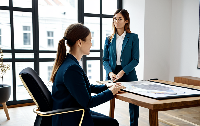 A professional female interior designer, fully clothed in a stylish business blazer and modest trousers, actively consulting with a female client, also dressed in appropriate professional attire. They are sitting comfortably at a large, modern wooden table in a well-lit, contemporary design studio. They are focused on a digital tablet displaying design sketches and a physical mood board with fabric samples and color swatches. The scene emphasizes collaborative discussion and professional interaction, capturing a moment of deep understanding between designer and client. perfect anatomy, correct proportions, natural pose, well-formed hands, proper finger count, natural body proportions, high-resolution, professional photography, natural lighting, intricate details, realistic render, 8k, safe for work, appropriate content, fully clothed, professional.
