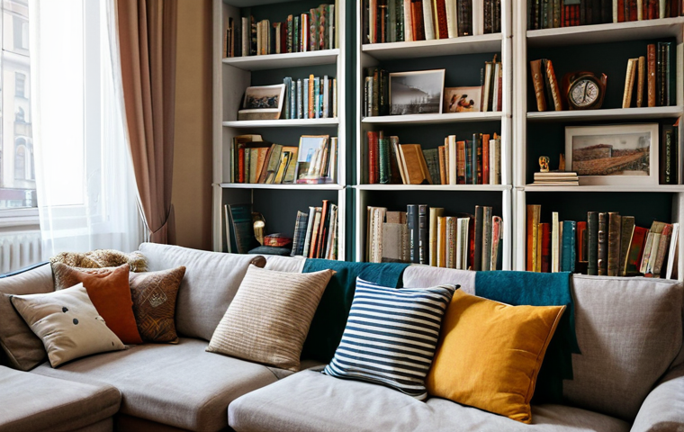 **

"A cozy living room in a Moscow apartment, decorated with personal photographs and souvenirs from travels. The room features a comfortable sofa with soft cushions and a warm blanket. Bookshelves are filled with books and trinkets. Soft, natural light filters through sheer curtains. Fully clothed. Safe for work. Appropriate content. Perfect anatomy, natural proportions, well-formed hands, proper finger count. Professional, family-friendly, modest decor, high quality."

**