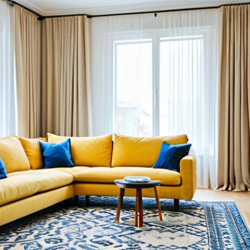 Home 22 **Cozy Living Room:** A brightly lit living room with a beige sofa, blue accent pillows, and a yellow vase on a coffee table. Large windows with flowing curtains, a patterned rug, and several potted plants. Fully clothed, appropriate content, safe for work, professional, modest.
