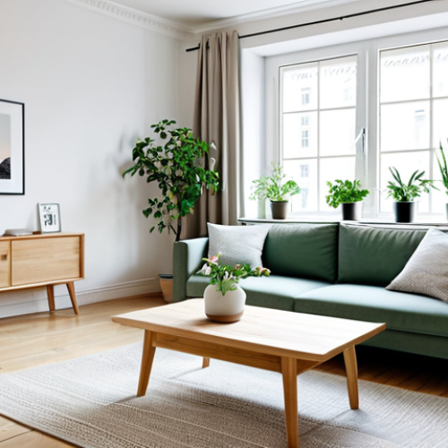 Home 13 **
A bright and airy living room in a Scandinavian style, featuring light wood flooring, a comfortable sofa with neutral-colored cushions, and a large window with sheer curtains. A small wooden coffee table sits in front of the sofa, adorned with a simple vase of green plants. "Safe for work," "appropriate content," "fully clothed," "family-friendly," perfect anatomy, correct proportions, natural pose, high quality.
**
