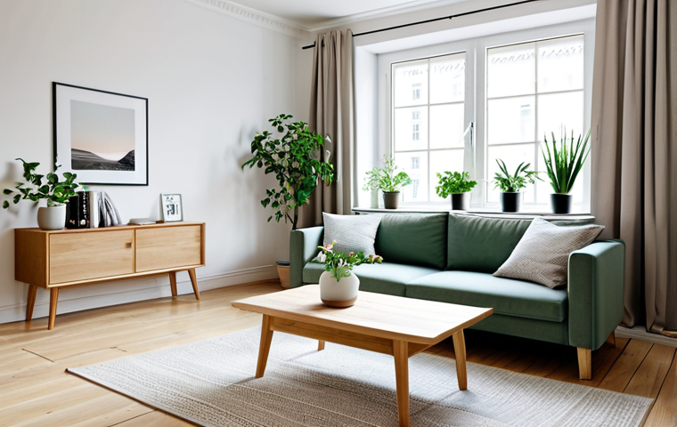 **

A bright and airy living room in a Scandinavian style, featuring light wood flooring, a comfortable sofa with neutral-colored cushions, and a large window with sheer curtains. A small wooden coffee table sits in front of the sofa, adorned with a simple vase of green plants. "Safe for work," "appropriate content," "fully clothed," "family-friendly," perfect anatomy, correct proportions, natural pose, high quality.

**