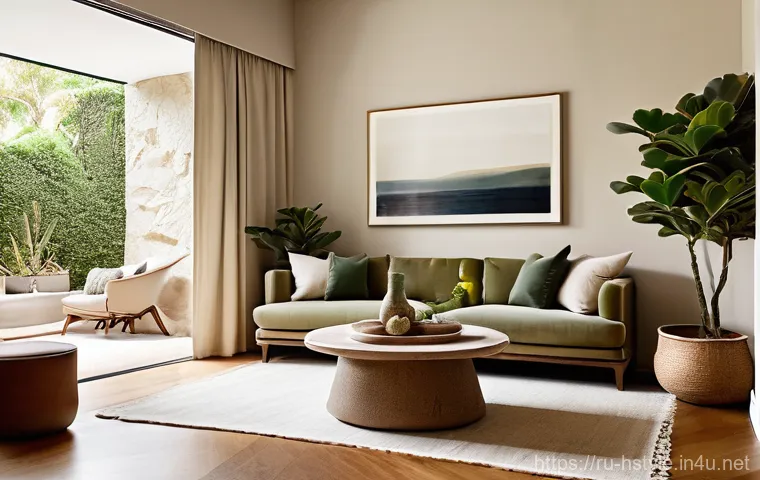 홈스타일링 실습 공간 구성 팁 - **Eco-Harmony Living Room: Natural Serenity**
    "A tranquil and inviting living room interior, emb...