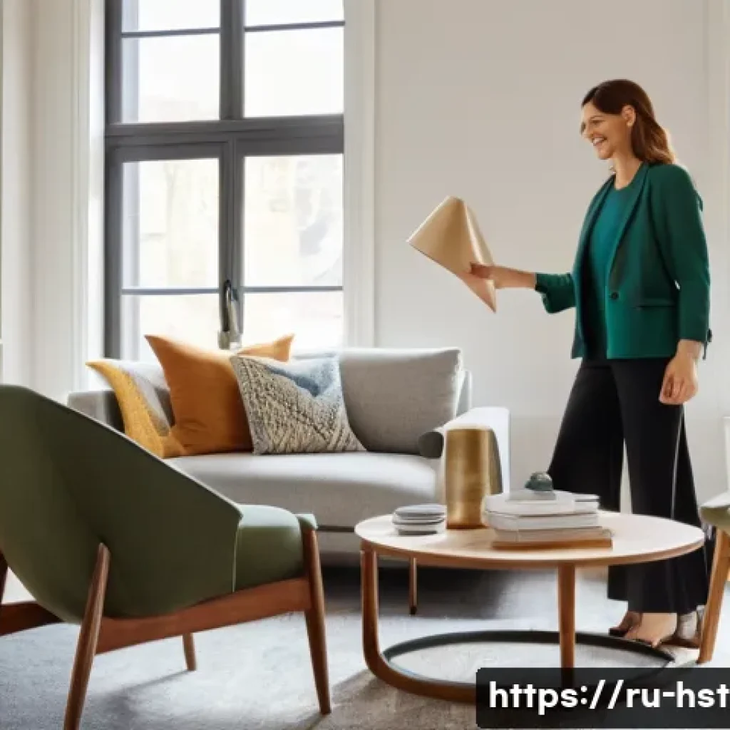 홈스타일링 직업으로서의 장단점 - A stylish female home stylist in her late 30s, wearing smart-casual professional attire, engaging an...