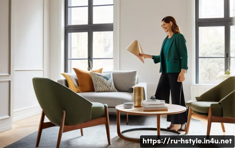 홈스타일링 직업으로서의 장단점 - A stylish female home stylist in her late 30s, wearing smart-casual professional attire, engaging an...