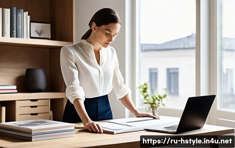 홈스타일리스트의 이력서 작성법 - **Prompt:** A stylish female home stylist, in her early thirties, is meticulously reviewing her beau...