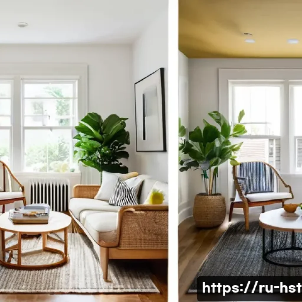 홈스타일링 취업에 유리한 경력 쌓는 법 - **Prompt:** A vibrant and inviting "before and after" diptych of a home living space, expertly style...