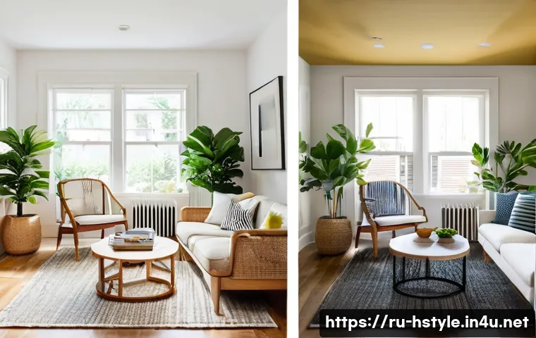 홈스타일링 취업에 유리한 경력 쌓는 법 - **Prompt:** A vibrant and inviting "before and after" diptych of a home living space, expertly style...