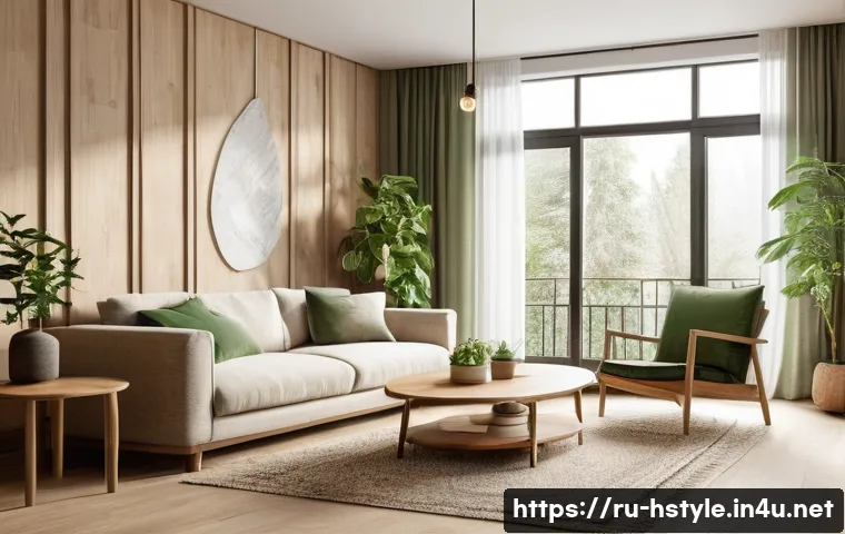 홈스타일리스트가 알아야 할 최신 트렌드 - A cozy, eco-friendly living room interior emphasizing natural materials and textures: warm wooden fu...