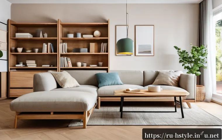 홈스타일링 프로젝트 관리 스킬 - A modern Russian living room interior emphasizing budget-friendly yet high-quality materials and fun...