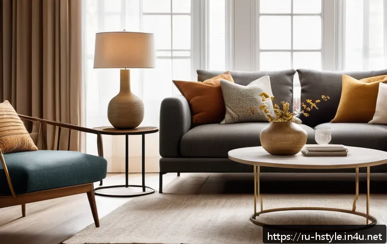 홈스타일리스트와 인테리어 디자이너의 차이점 - A cozy, stylish living room interior designed by a home stylist, featuring warm natural lighting, so...